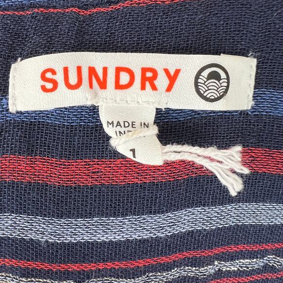 SUNDRY Multi Blouse Striped Print Cotton Blend Collarless Button Front Size 1 S - Picture 7 of 9